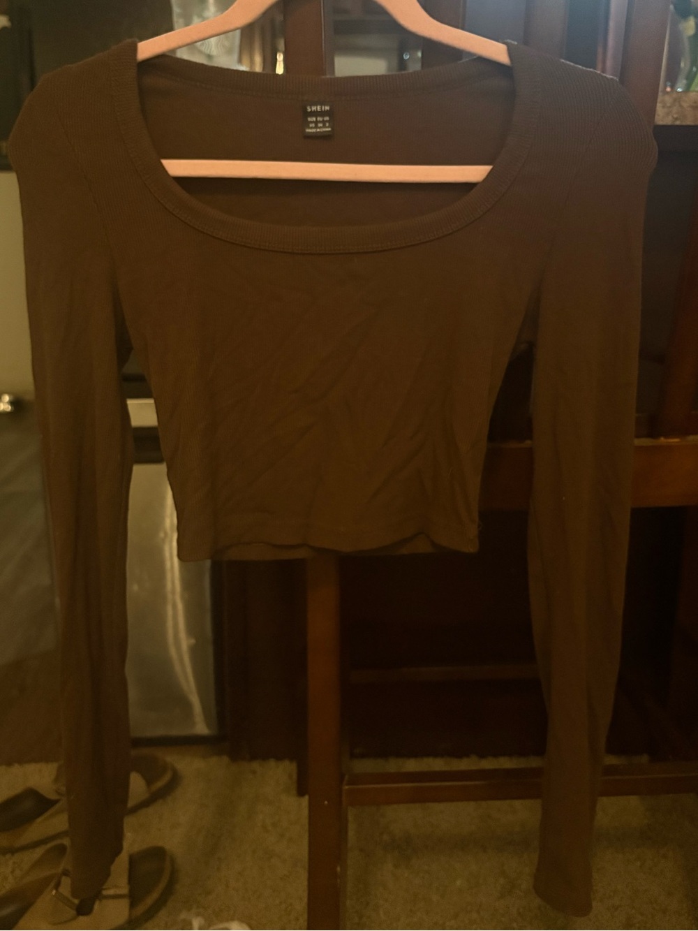 SHEIN Brown Long-Sleeve Scoop Neck Cropped Top